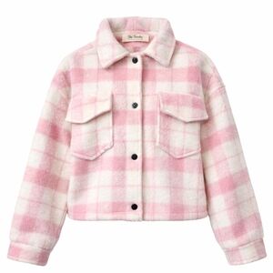 Lyn Burches Pink White Plaid Fuzzy Sherpa Shacket Cropped Boxy Jacket M